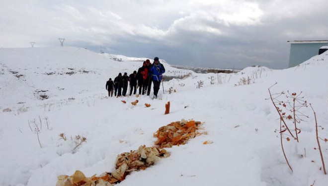 Erciş'te bir grup dağcı, dağ yamacına yaban hayvanları için ekmek ve su bıraktı
