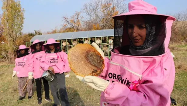 Pembe maskeli arıcı kadınlar, bal hasadında 'meme kanserine' dikkat çekti