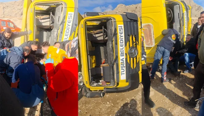 Van’da belediye kamyonu devrildi: 1 işçi yaralandı!