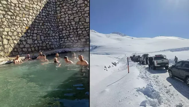 Off-road ekibi, kışın ortasında 50 derece sıcaklıktaki kaplıcada yüzdü