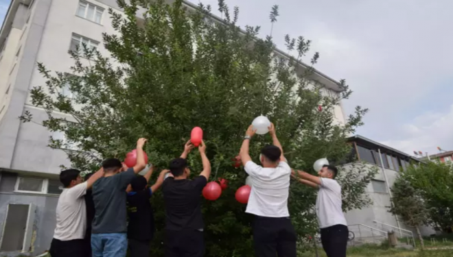 Liseliler, orman yangınlarına dikkat çekmek için ağaçlara balon astı