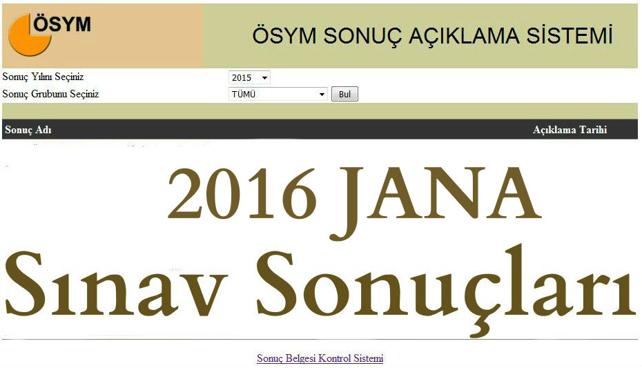 JANA 2016  Sınav Sonuçları açıklandı